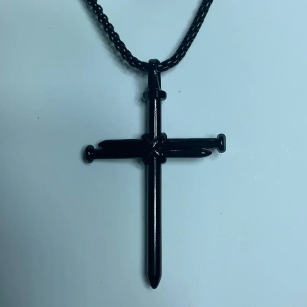 Cross 3 Nail Necklace Statement Piece Pendant Chain and Gift Pouch Black